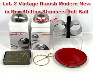 Lot 254 5pcs Mid Century Modern Lot. 2 Vintage Danish Modern New in Box Stelton Stainless Roll Ball Banks, G