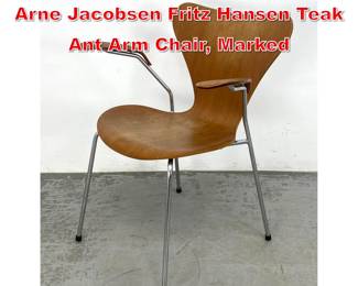 Lot 513 60s Vintage Danish Modern Arne Jacobsen Fritz Hansen Teak Ant Arm Chair, Marked