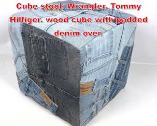 Lot 535 Faded Jeans Patchwork Cube stool. Wrangler. Tommy Hilfiger. wood cube with padded denim over.
