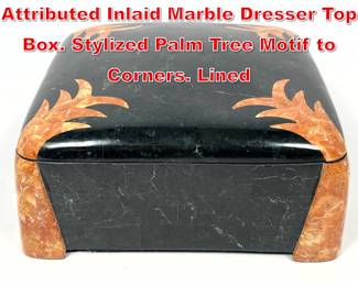Lot 107 MAITLAND SMITH Attributed Inlaid Marble Dresser Top Box. Stylized Palm Tree Motif to Corners. Lined 