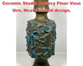 Lot 49 Large Brutalist Glazed Ceramic Studio Pottery Floor Vase Urn. Heavy raised design. 