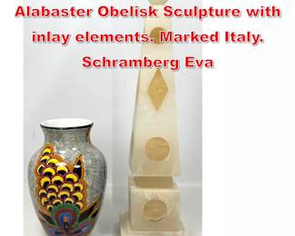 Lot 147 2pc Lot. Tall Italian Alabaster Obelisk Sculpture with inlay elements. Marked Italy. Schramberg Eva 