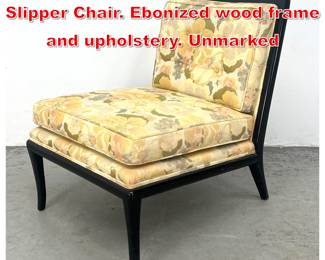 Lot 514 Robsjohn Gibbings style Slipper Chair. Ebonized wood frame and upholstery. Unmarked