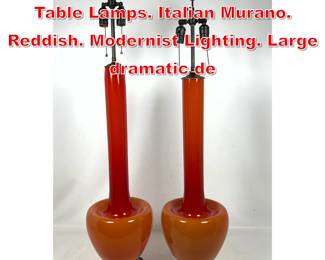 Lot 226 Pr Long Necked Art Glass Table Lamps. Italian Murano. Reddish. Modernist Lighting. Large dramatic de
