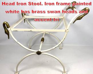 Lot 483 Hollywood Regency Swan Head Iron Stool. Iron frame painted white has brass swan heads and accent tri