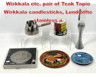Lot 269 7pc MCM objects Tapio Wirkkala etc. pair of Teak Tapio Wirkkala candlesticks, Lundiotfte stainless a