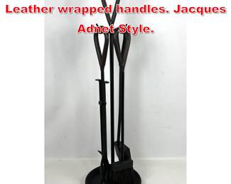 Lot 343 Iron Fireplace Tools Set. Leather wrapped handles. Jacques Adnet Style.