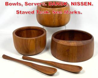 Lot 475 4pc Danish Modern Teak Bowls, Servers. DANSK, NISSEN. Staved Teak. See Marks. 