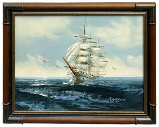 Signed Hewitt Jackson Ocean Sailboat Oil on Canvas
