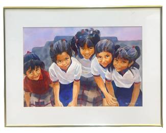 Signed Mary Lou Harvey “Amigas" Watercolor
