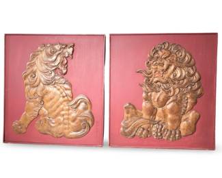 (2pc) Antique Hand Carved Wood Foo Dog Wall Art
