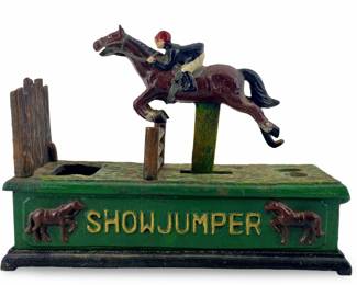 Cast Iron Horse and Jockey “Showjumper" Coin Bank
