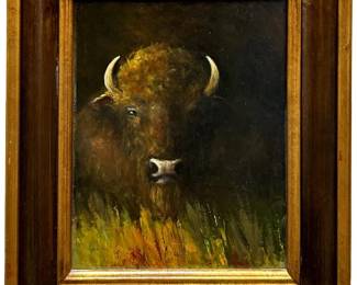 Signed Hendrika Cegielski Bison Oil on Wood Panel
