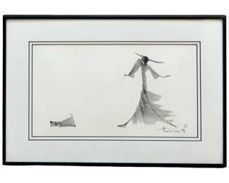 Vintage Lady Walking Dog Mid Cent. Lithograph
