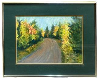 Signed Pastel Roadside Autumn Landscape Painting
