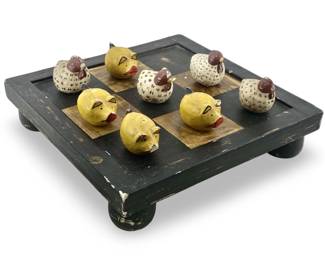 Vintage Hand Painted Pig & Hen Tic-Tac-Toe Board
