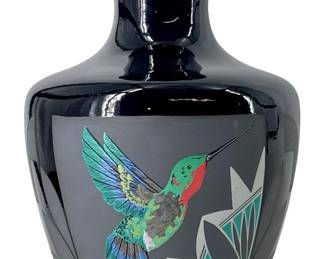 Signed Isleta NM Black Pottery Hummingbird Vase
