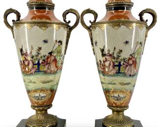 Pair of Ornate Painted Porcelain Urn Vases
