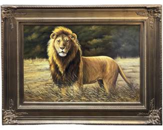 Signed P. English Lion Oil on Canvas
