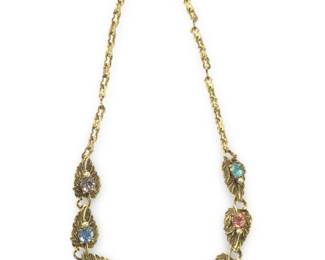 Beautiful Gold Tone Multi Gemstone Leaf Necklace
