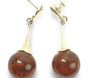 Pair Sterling Silver Cognac Baltic Amber Earrings
