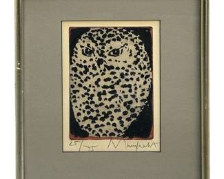 Signed Walter Rudolf Mumprecht Owl Etching
