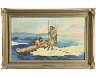 Signed “Pollock" Oil on Board Eskimos in Kayak
