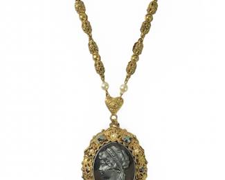 West Germany Onyx Cameo Gold Tone Pendant Necklace
