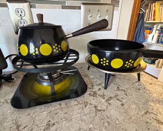 Vintage Swiss Perk Polka Dot Enamel Fondue Set Warmer Sauce Pan Mid Century