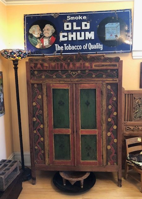 Antique Indonesian Cupboard w/ Interior Shelves, 5' x 2' Vintage "Old Chum" Tobacco Steel Sign 