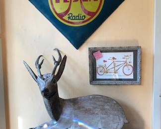 Antique "Tesla Radio" Seel Sign, Carved Wood Reclining Deer w/ Real Antlers, Framed Original Art of Bicycle