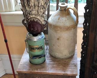 Indonesian Carved Chair, 2 Vintage Thermos', Peacock Feather Fan, Antique Crock Jug