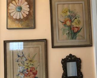 Pair Framed Floral Watercolors by listed Bucks County Artist Queen Stein, Cast Iron Frame w/ Mirror, Daisy Painting