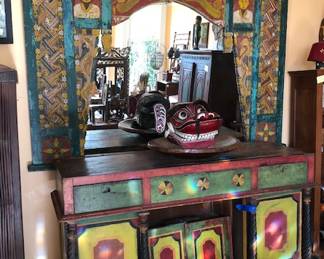 HUGE Antique Indonesian Architectural Piece Made into a Mirror, Very Large Antique Painted Console