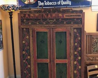 Antique Indonesian Cupboard w/ Interior Shelves, 5' x 2' Vintage "Old Chum" Tobacco Steel Sign 