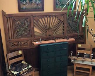 Vintage Indonesian Queen -sized Headboard, 2 Framed Reverse Painted Scenes, Green 10 Drawer Apothecary Cupboard, 2 Vintage Oak School Chairs