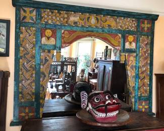 Huge Indonesian Carved & Painted Architectural Piece made into a Mirror 79"W x 59"T