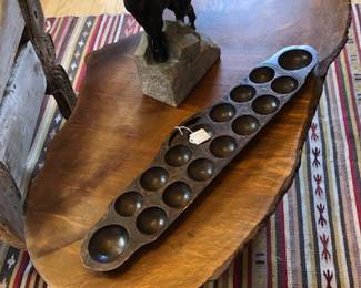 Live Edge Coffee Table, Vintage Carved Mancala Game Board, Ram Figure