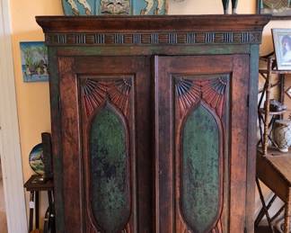 Big Antique Indonesian Cupboard w/ Interior Shelves, Indonesian Theatrical Horse Puppet, Carved Soldier Figure