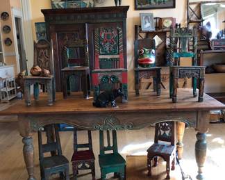 Long Indonesian Table, 9 Small Carved and Painted Tobacco Workers Chairs, Vintage Paper Cutter