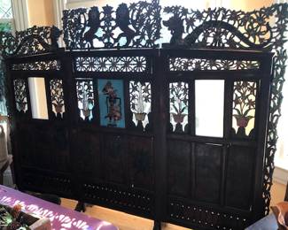 HUGE Antique Carved 3-Part Screen with 2 Clear Glass Windows & 1 Reverse Painted Glass 90"W x 70"T