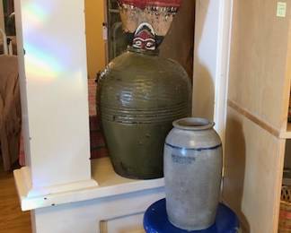 Antique Dutch Salt-Glazed Crocks, Antique Chinese Rice Wine Jug, Indonesian Peacock Feather Fan w/ Mask Faces