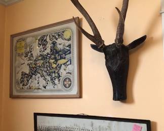 Vintage Framed Map of Europe, Paper Mache Deer Head w/ Real Antlers, WWI Yarding Photo