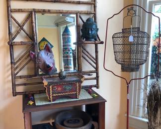 Antique English Bamboo Mirror/Shelf, Vintage Birdcage Stand