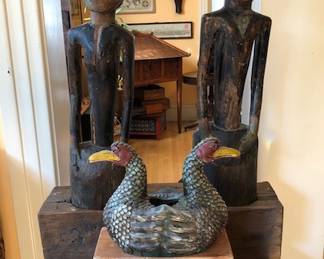 Antique Indonesian Loro Blonyo Marriage Pair, Double Headed Painted Terra Cotta Goose