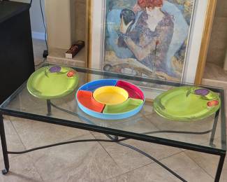 Glass tables and signed art 