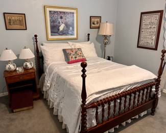 Vintage Turned Spindle Spooled Bed
Full size Mattress 
Ethan Allen Nightstand 
Matching Table Lsmps
Floor Lamp