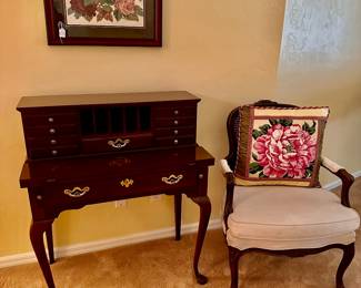 Thomasville Desk
Ethan Allen Classic Wing Chair with Cane Back
Needlepoint cushion and Picture 