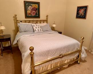 Brass Full size Headboard, Footboard and rails 
Full Size Mattress 
Mahogany Nightstands (2)
Needlepoint Pictures
