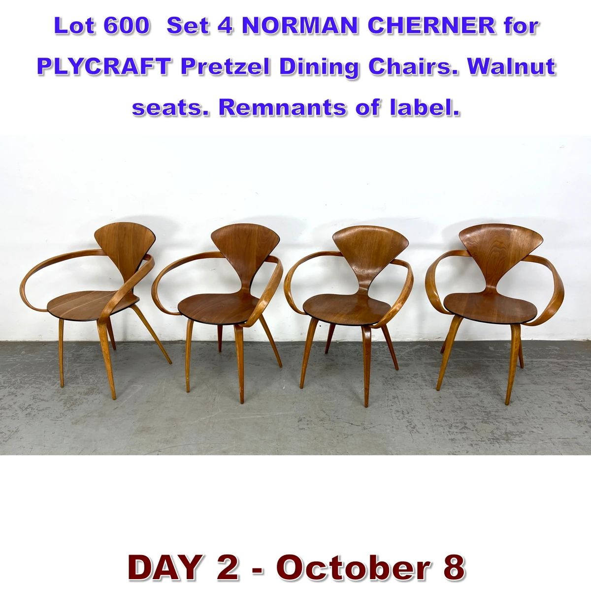 Lot 600 Set 4 NORMAN CHERNER for PLYCRAFT Pretzel Dining Chairs. Walnut seats. Remnants of label.